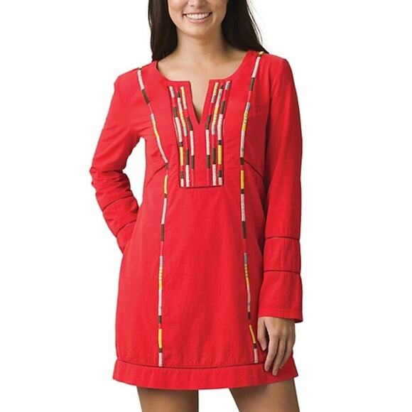 [Prana] Red Embroidered Lahela Coverup Tunic Mini Dress Long Sleeves Sz Medium M - Picture 1 of 13